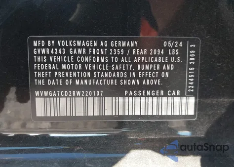 2024 Volkswagen Golf Gti 2.0T S z USA, uszkodzony, nr VIN WVWGA7CD2RW220107